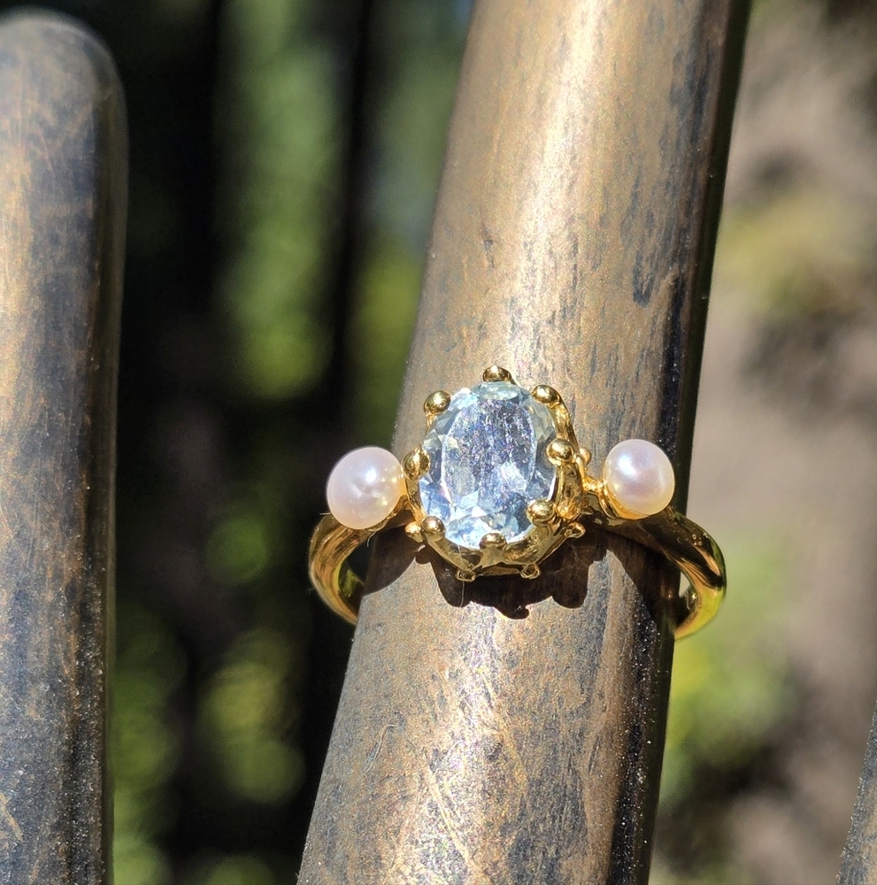 Blue Topaz 3.5k Sterling Gold & Pearl Ring Sz6.5 - Picture 4 of 9
